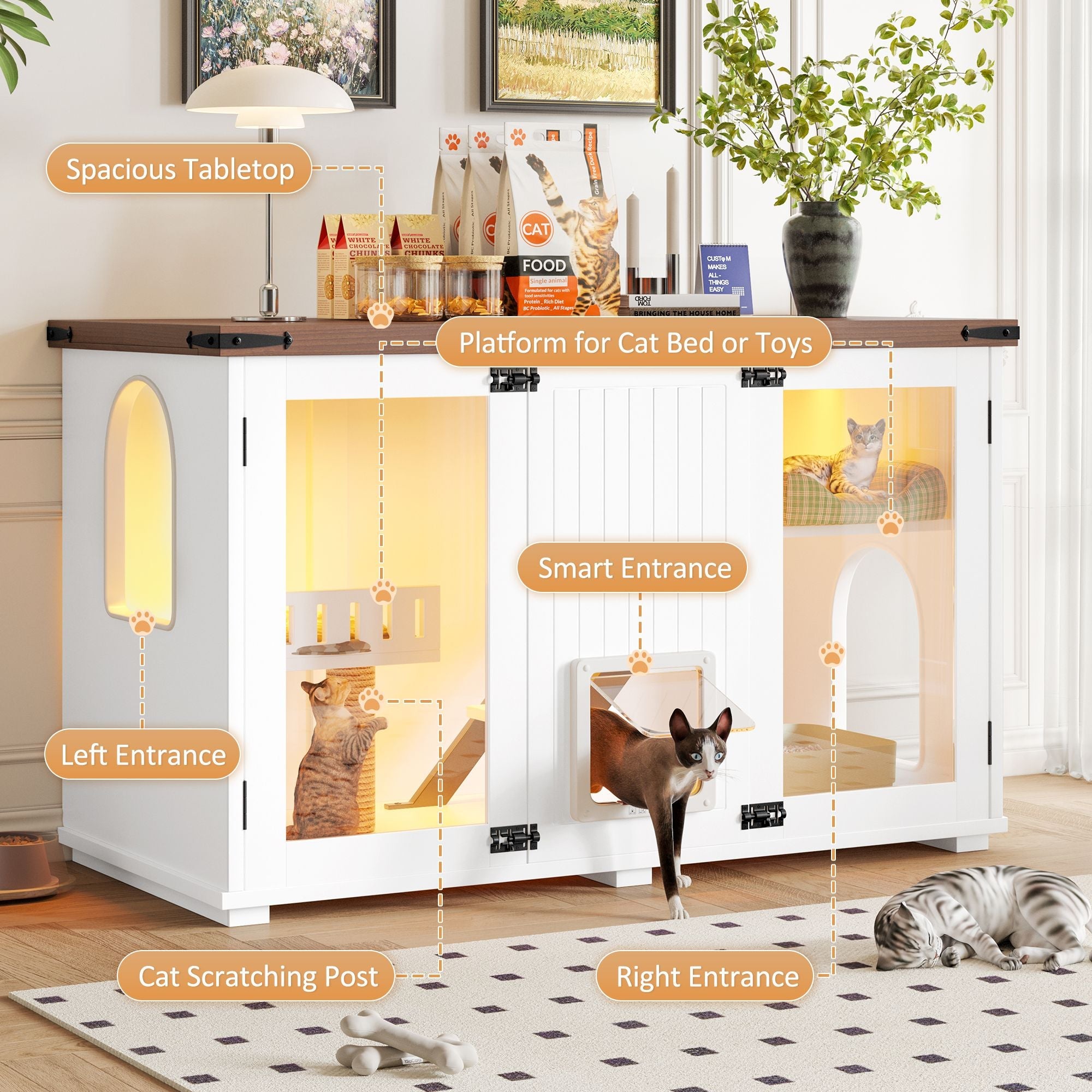 47.25" Large Cat Litter Box Enclosure with LED Light, Hidden Litter Box Furniture, Cat House with Stairs and Cat Scratching Post, Cat Cabinet Side Table with Smart Doors for Living Room